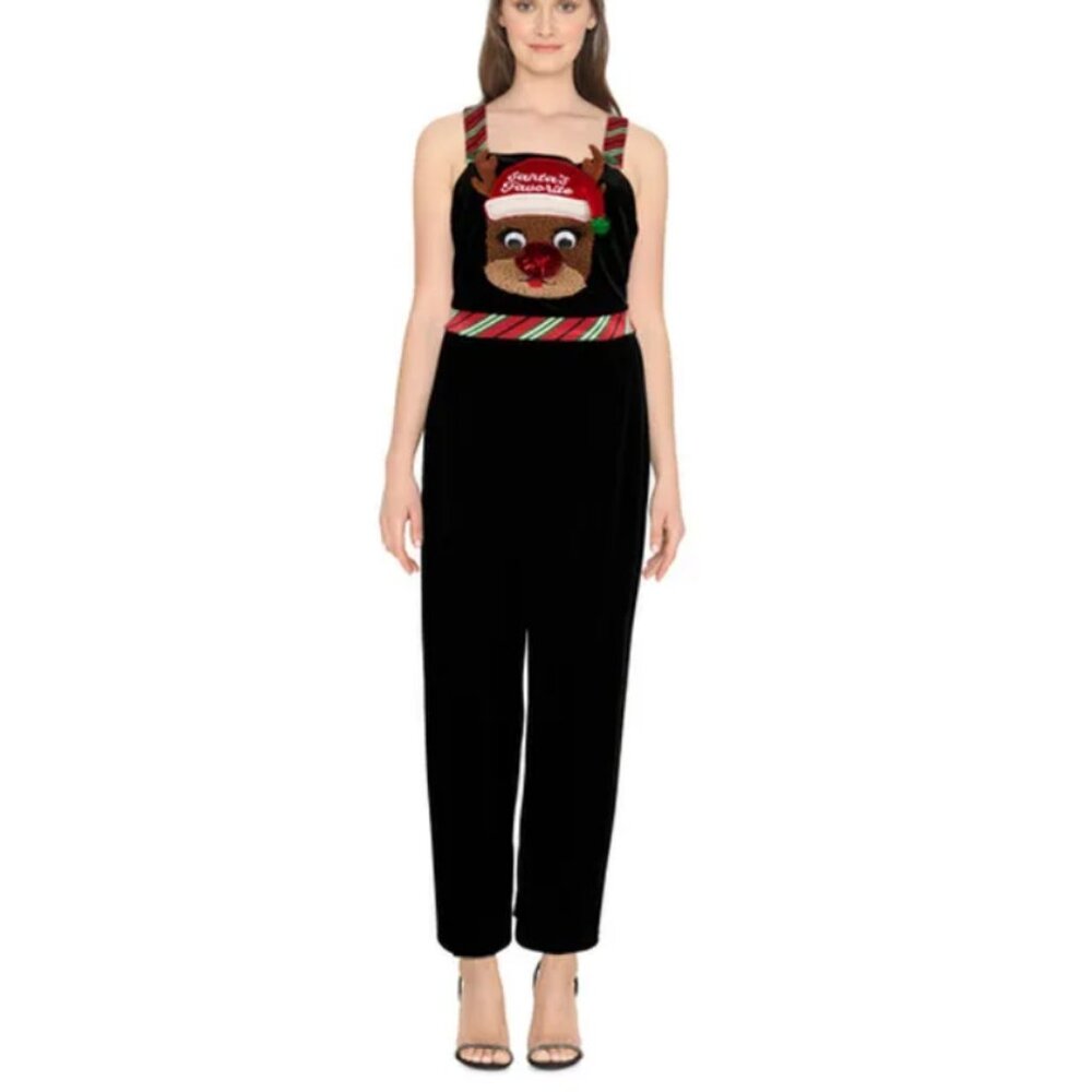 Born Famous By Kohl's Women's Black Reindeer Design Holiday Jumpsuit Size 2X